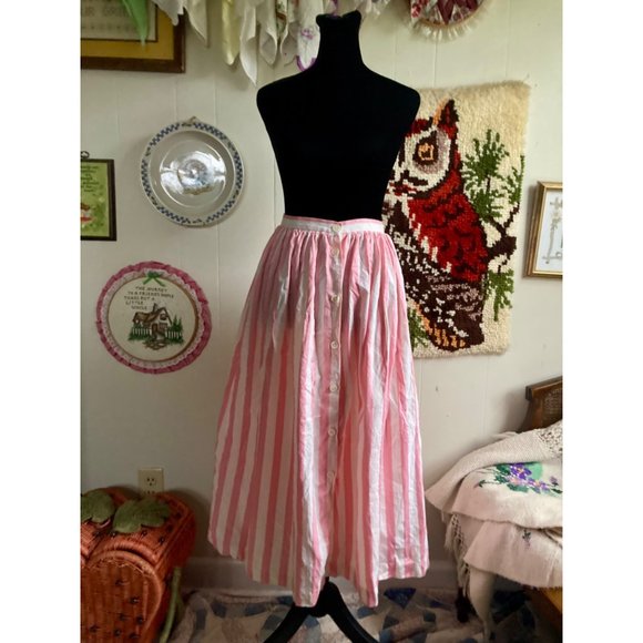 80's VTG 100% cotton coquette pastel cream & pink candy striper blouse and skirt - Picture 3 of 9
